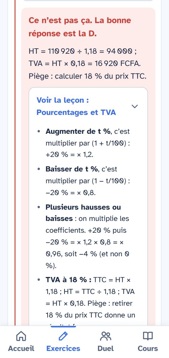 Une question corrigée avec sa leçon.
