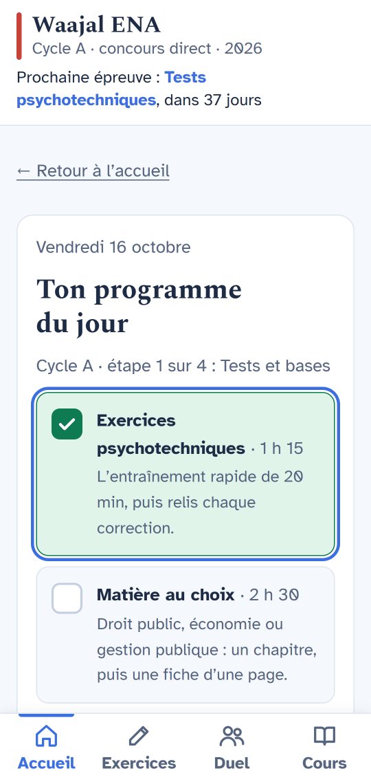 Le programme du jour avec les tâches à cocher.